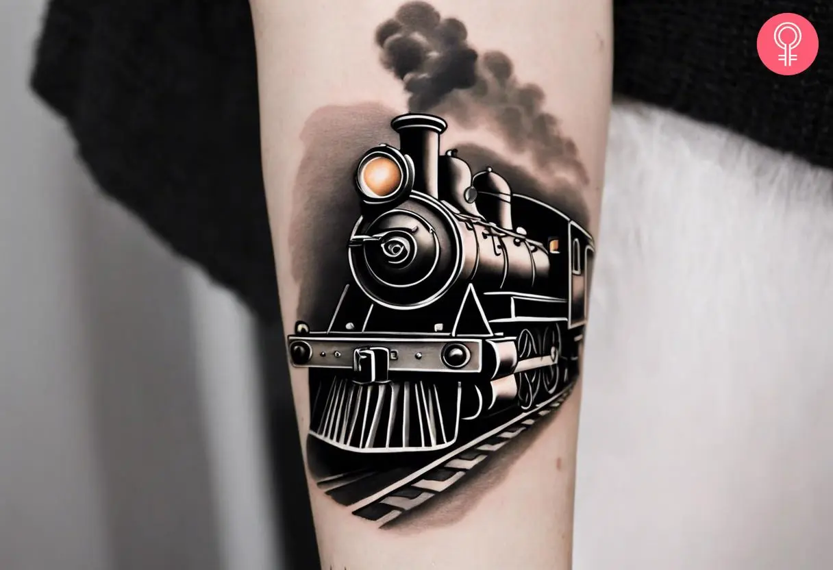 A steam engine tattoo on a woman’s forearm