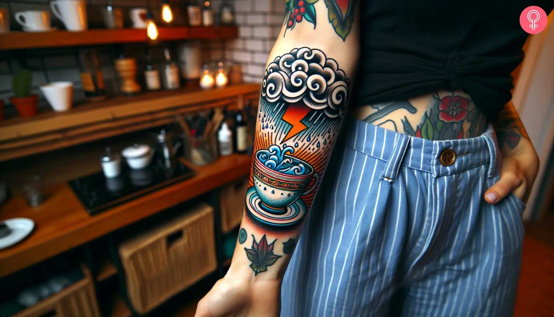 A storm in a teacup tattoo on a woman’s forearm