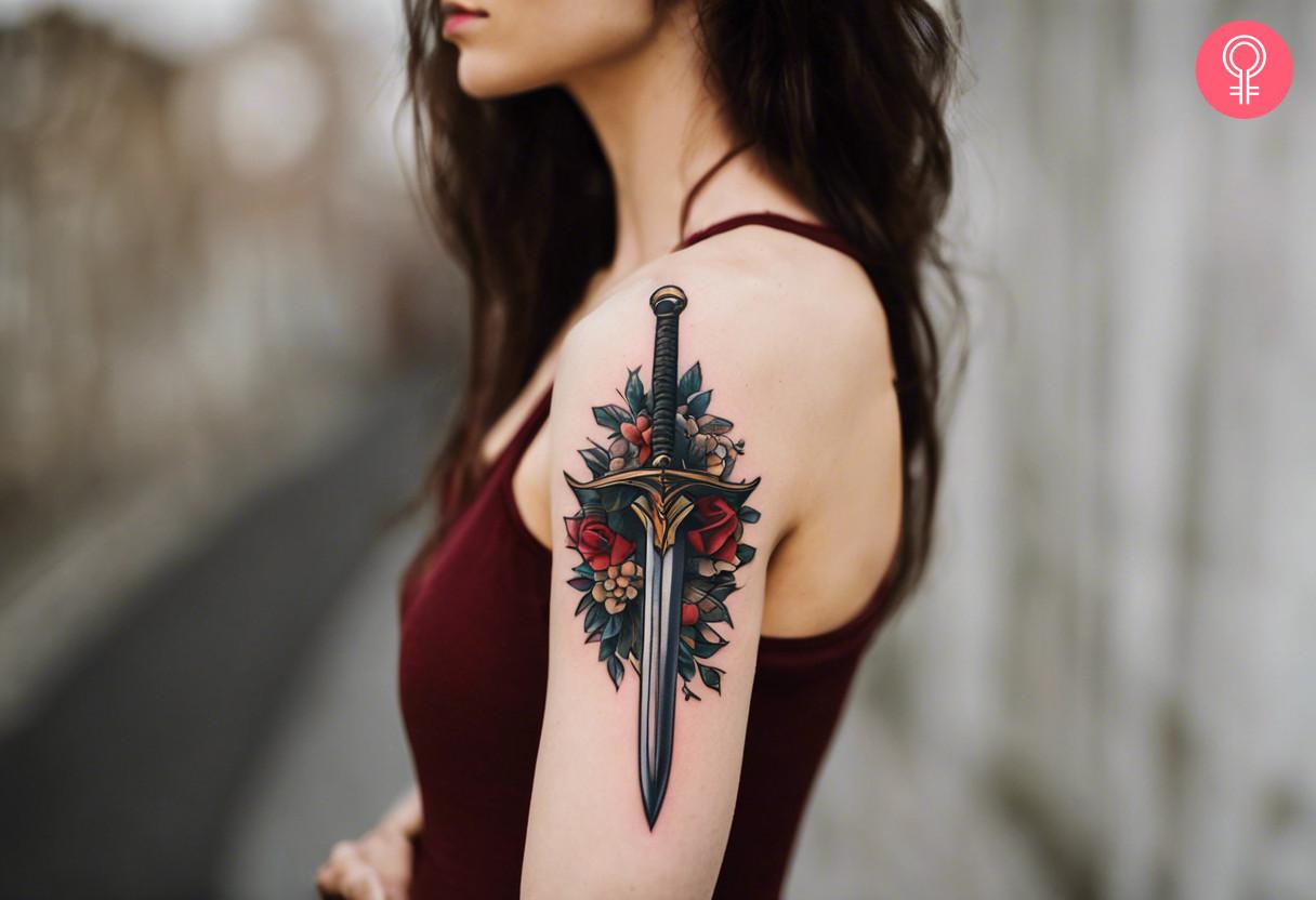 A sword tattoo with flowers on the upper arm