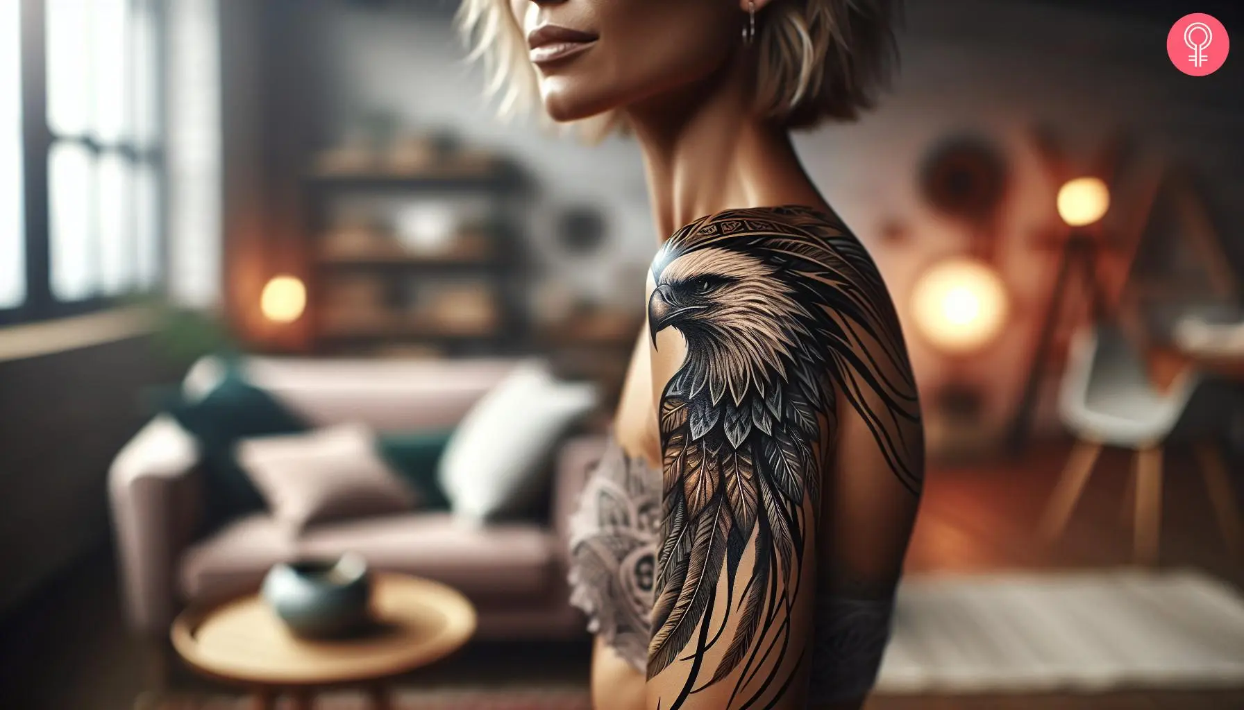 A tattoo featuring an eagle and its feathers