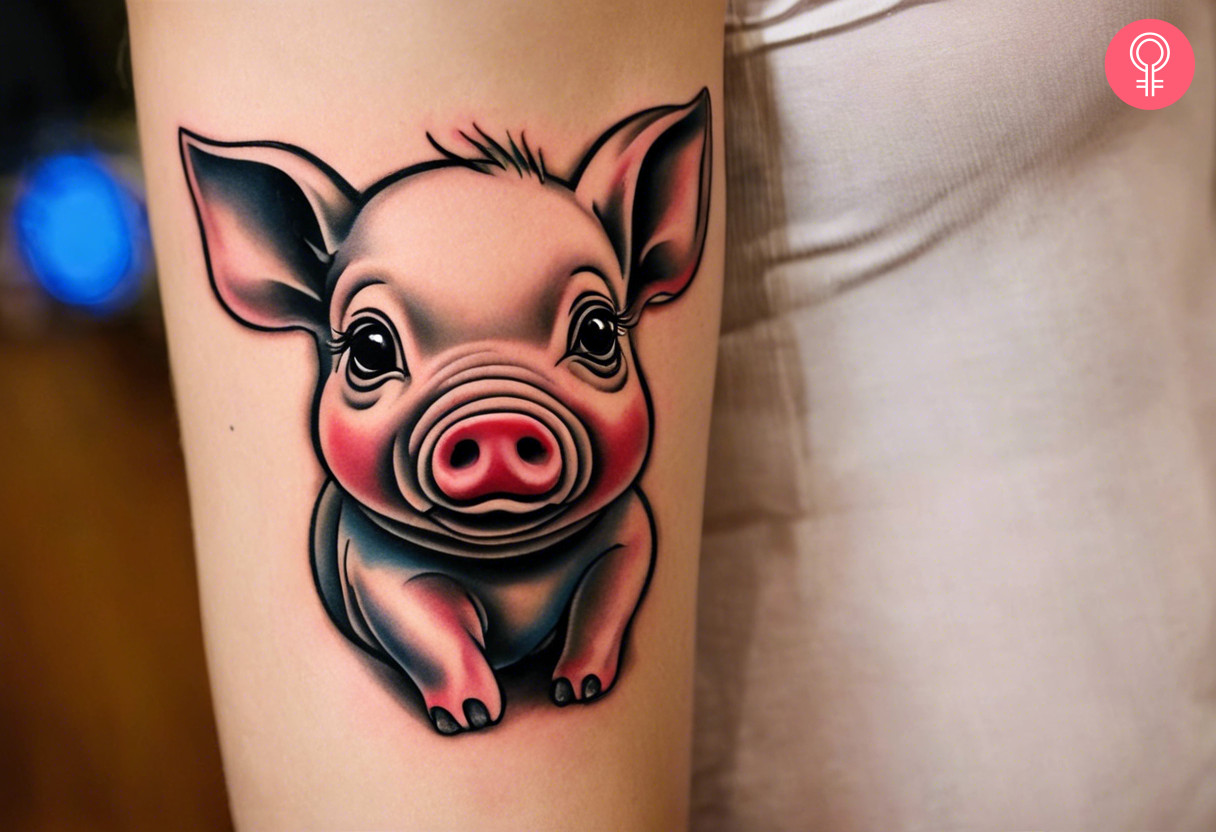 A tattoo of a baby pig on a woman’s arm