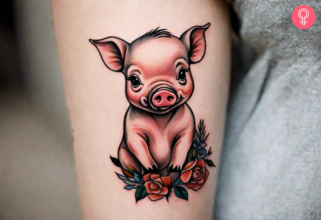 A tattoo of a baby pig on a woman’s arm