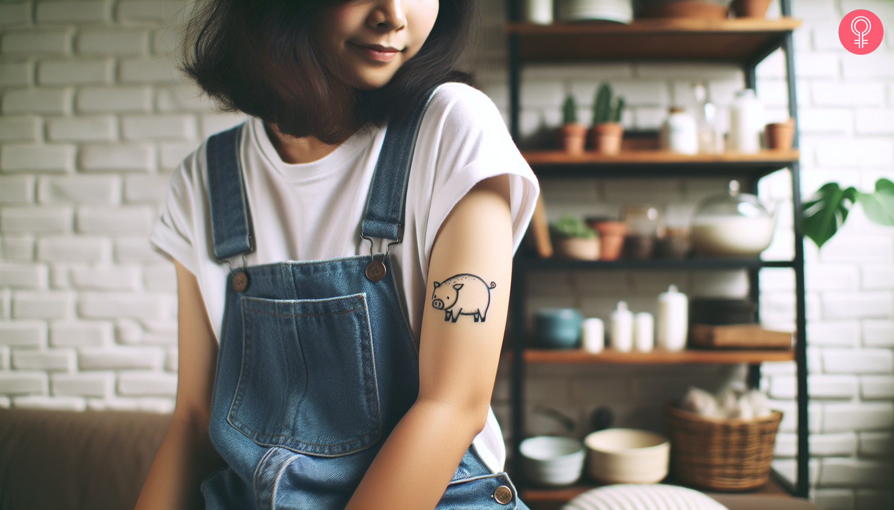 A tattoo of a minimalist pig on a woman’s arm
