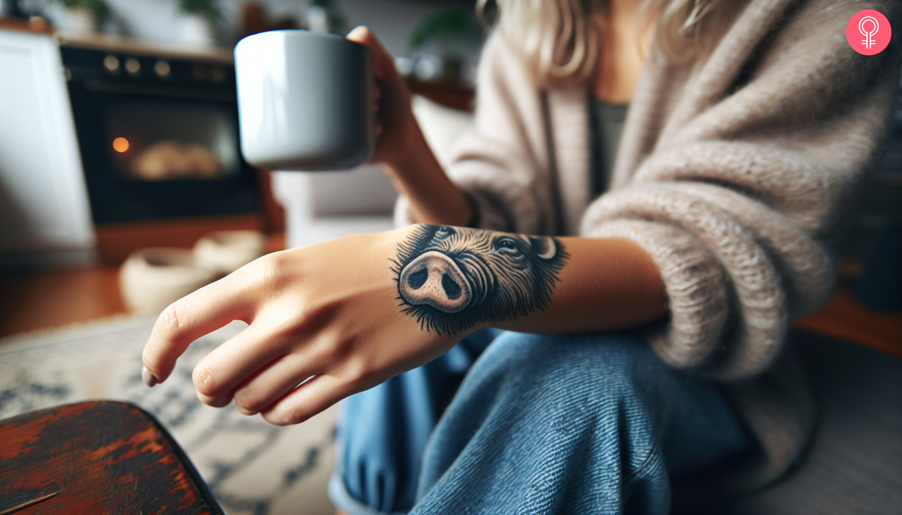 A tattoo of a pig snout on a woman’s wrist