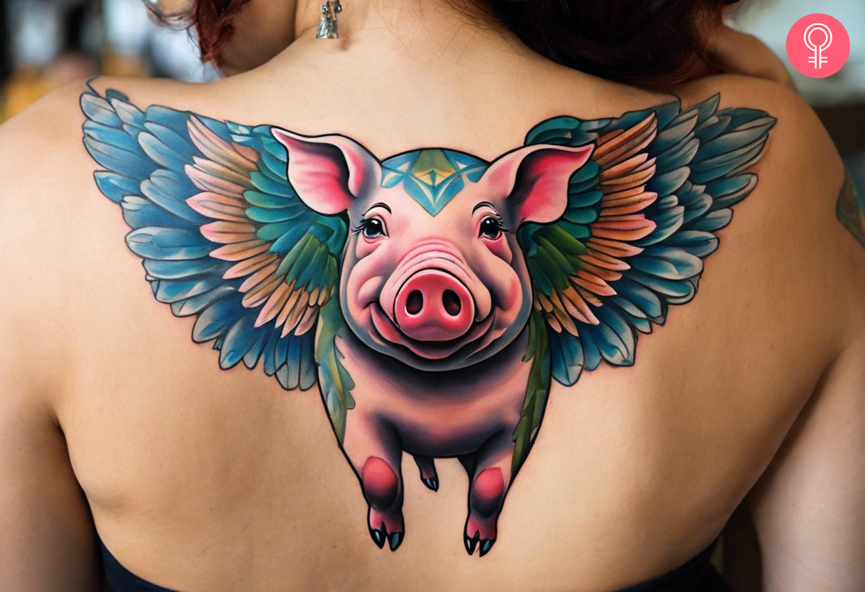 A tattoo of a pig with wings on a woman’s upper back