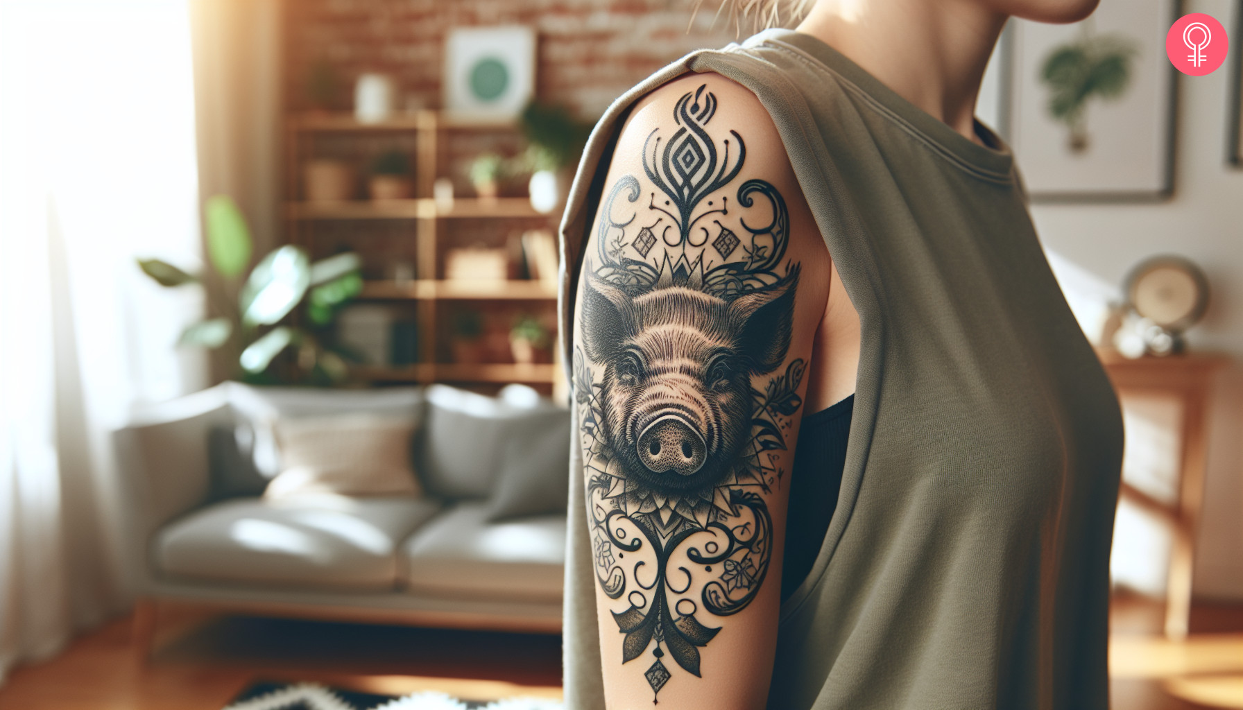 A tattoo of a zodiac pig on a woman’s arm