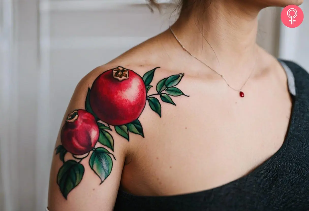 A tattoo of two pomegranates on a woman's shoulder