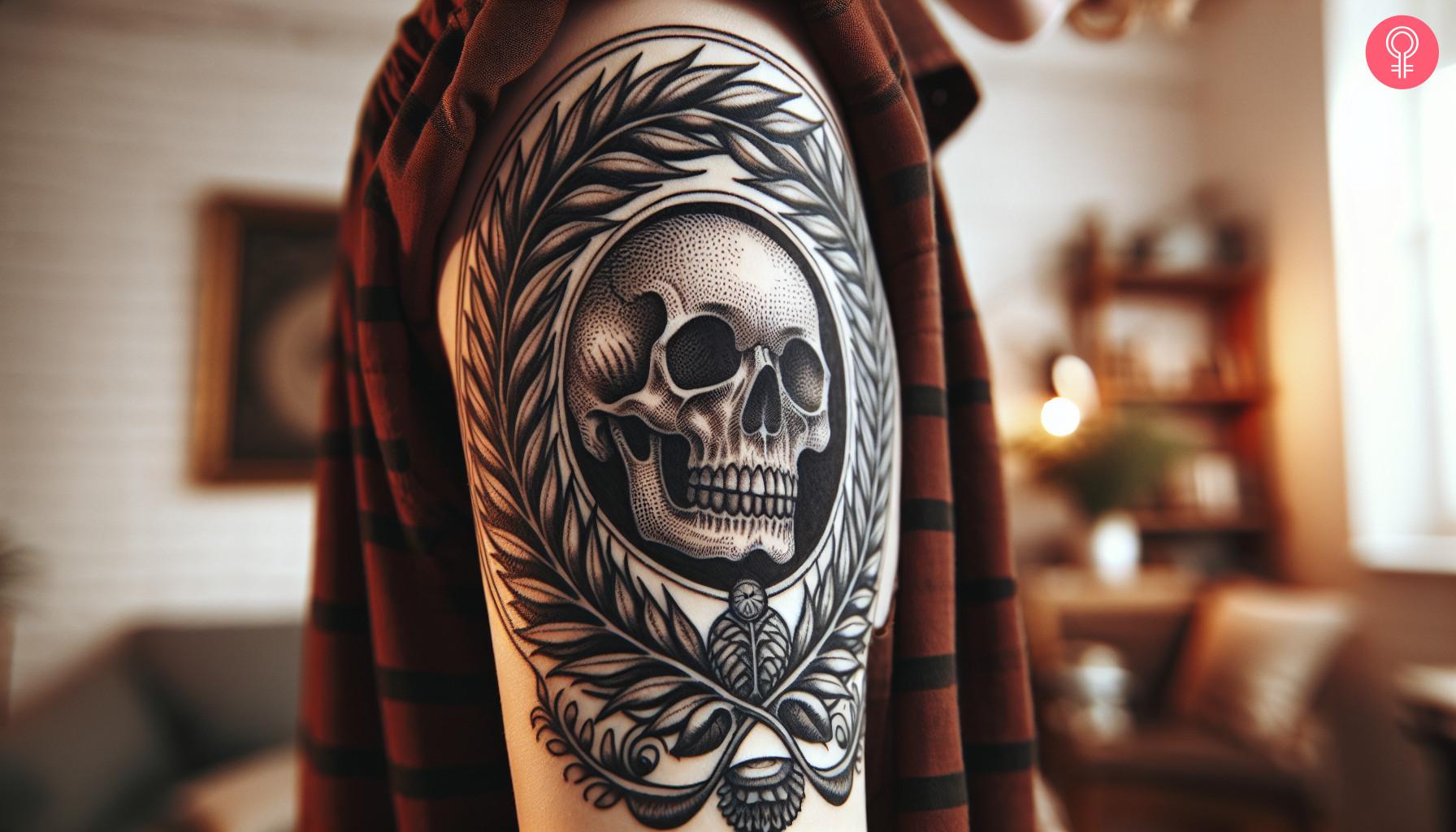 A tattoo on a man’s upper arm featuring a skull with a laurel wreath