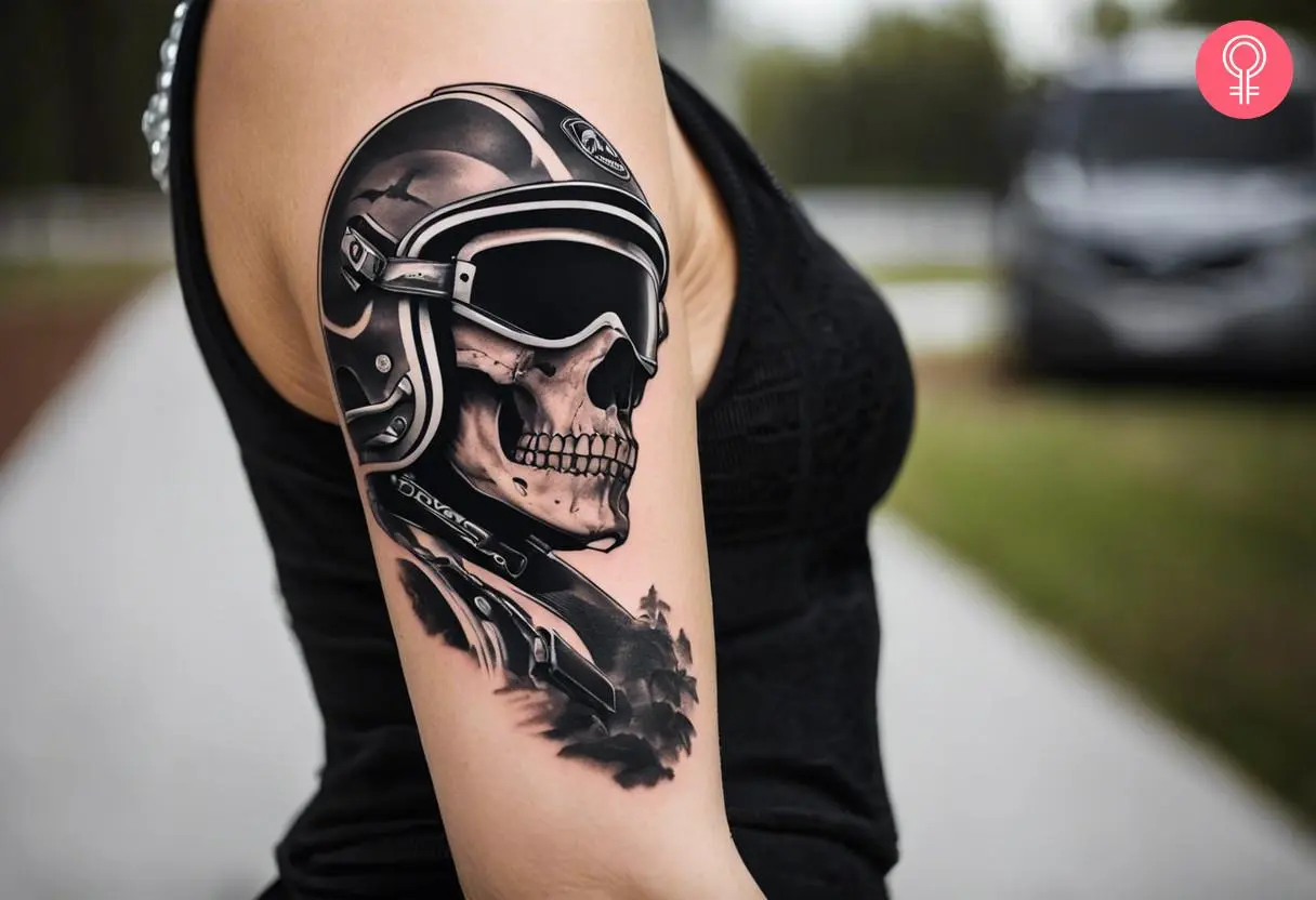 A tattoo on a woman’s arm showing a skull wearing a motocross helmet 