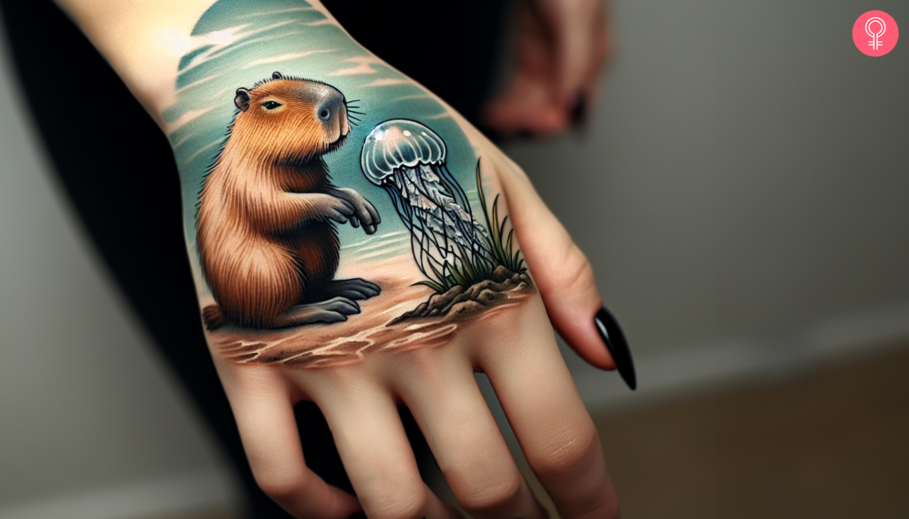 A tattoo on a woman’s hand featuring a capybara and a jellyfish