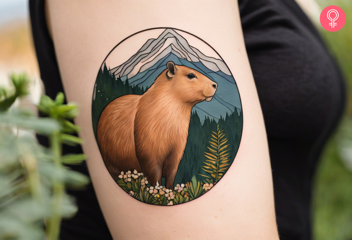 A tattoo on a woman’s upper arm featuring a capybara against the backdrop of mountains