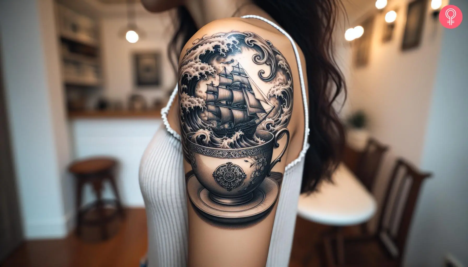 A tempest in a teacup tattoo on a woman’s upper arm