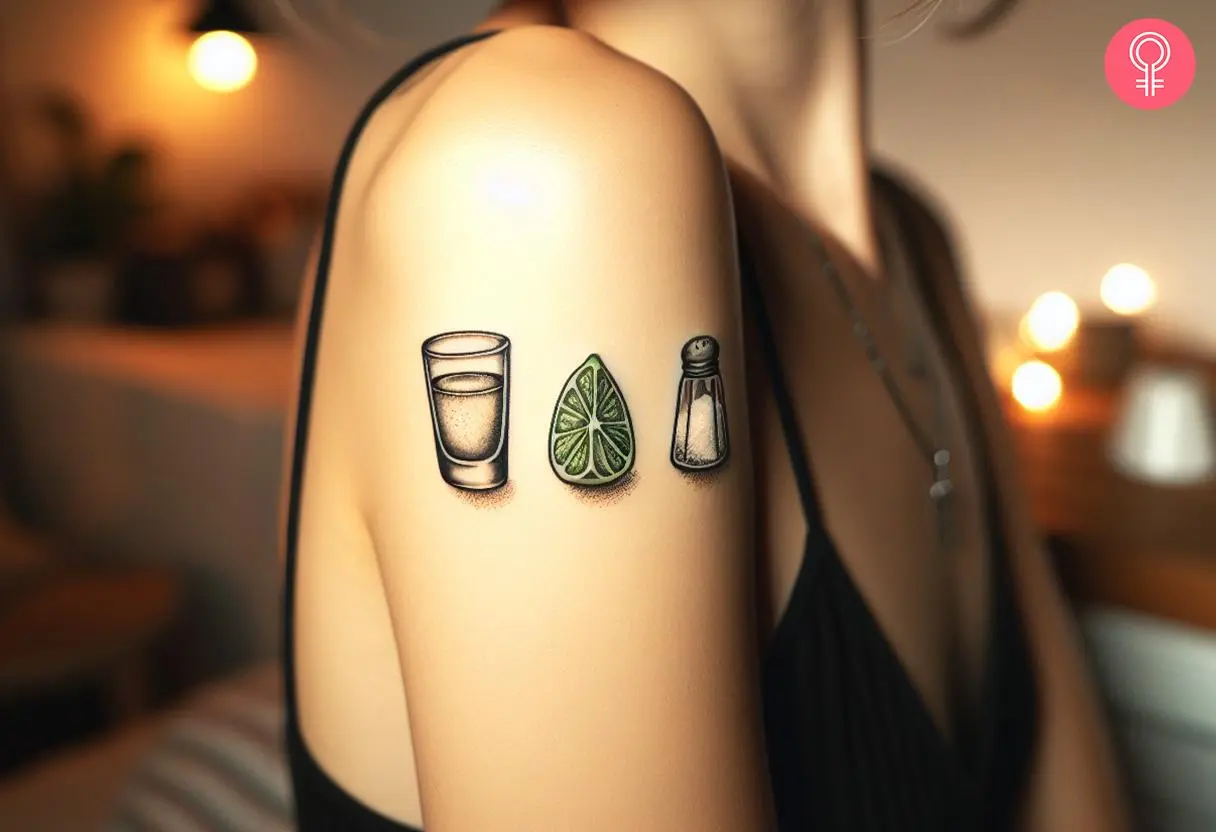 A tequila and lime tattoo on a woman’s upper arm