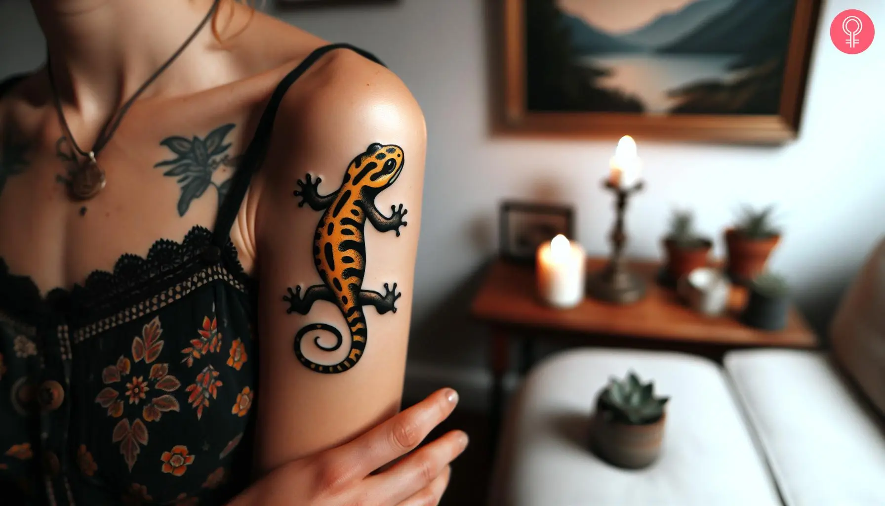 A tiger salamander tattoo on the upper arm of a woman