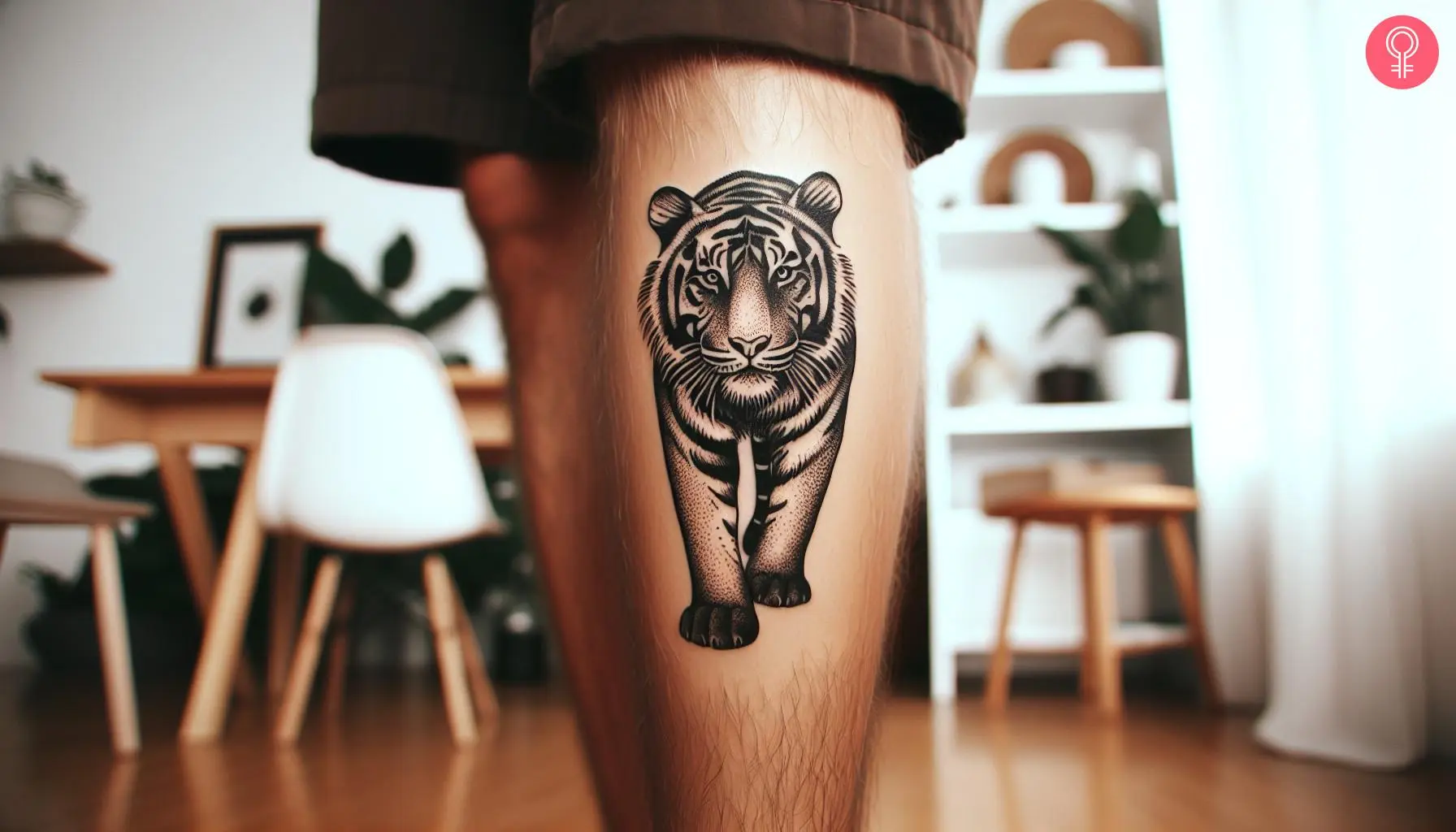 A tiger walking tattoo on the calf of a man