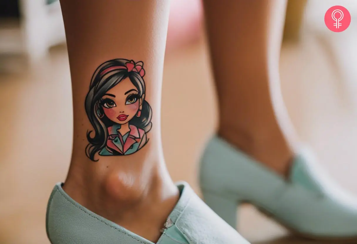 A tiny Bratz doll tattoo of Jade on the leg