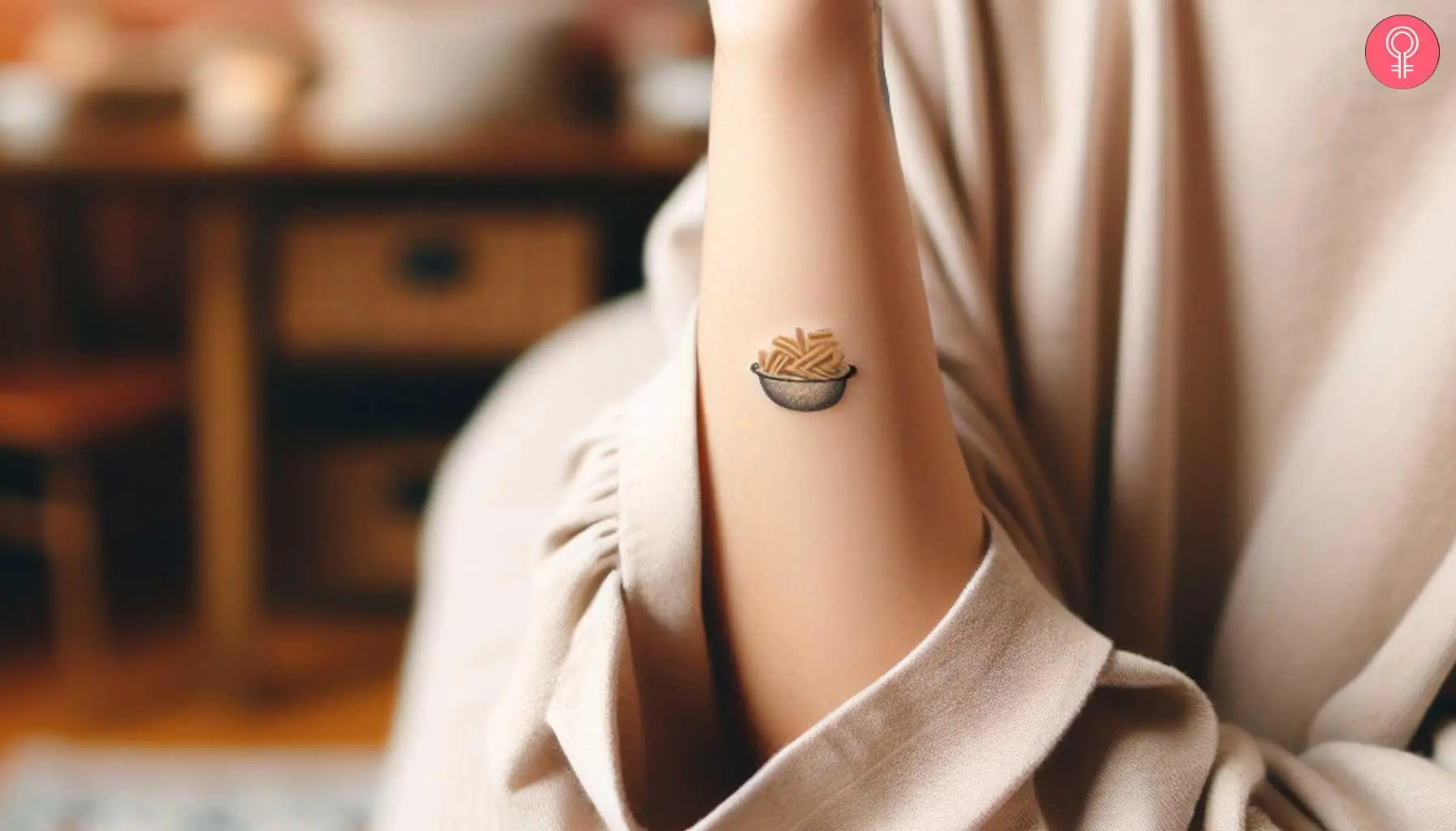 A tiny pasta tattoo on a woman’s forearm