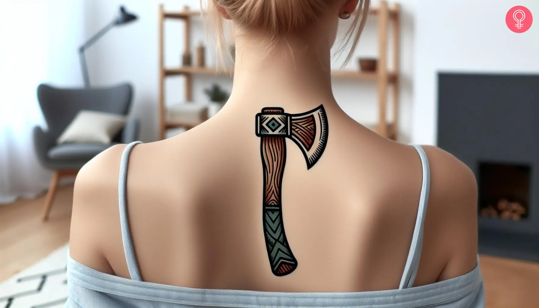 A traditional axe tattoo on a woman’s back