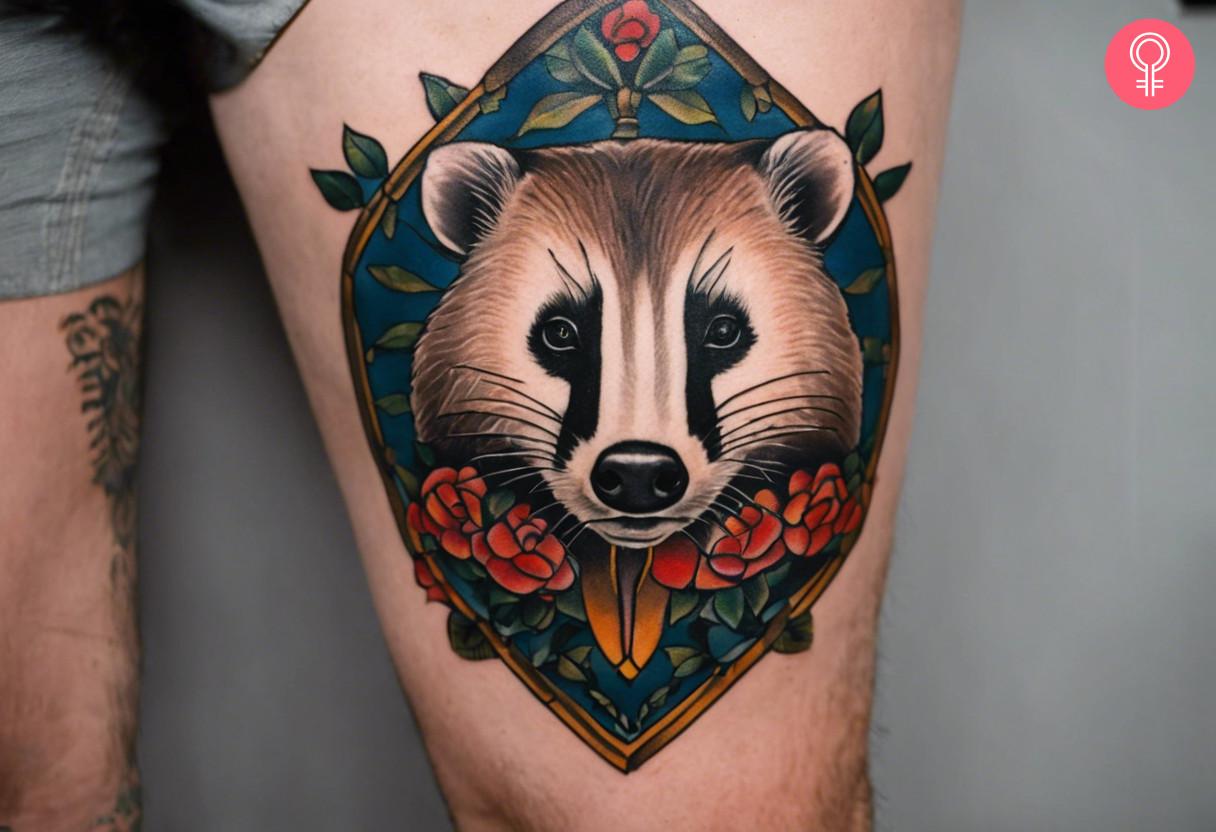 A traditional badger tattoo on the thigh