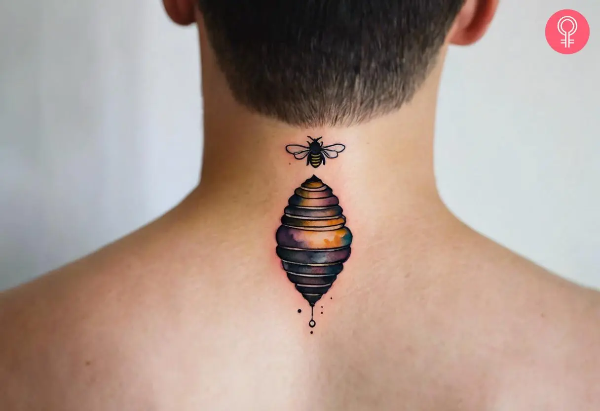 A traditional beehive tattoo on the neck of a man