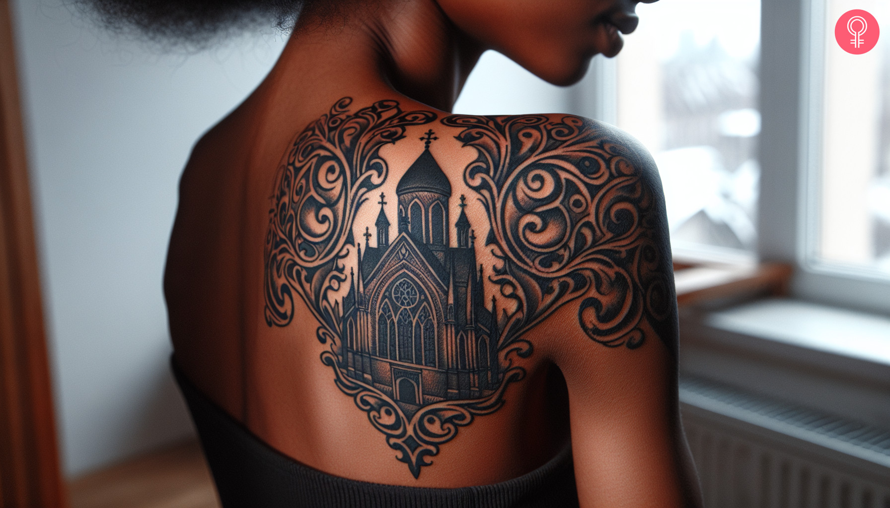 A traditional cathedral tattoo on the forearm