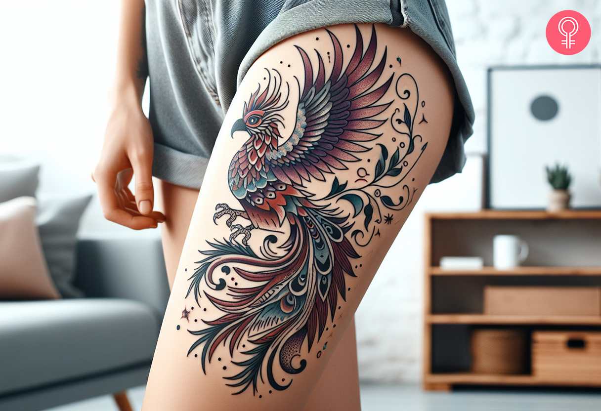 A traditional fantasy tattoo featuring a phoenix