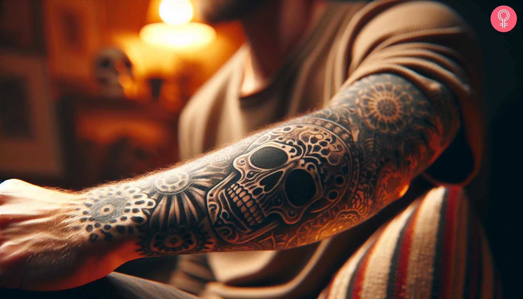 A traditional gap filler tattoo on a man's forearm