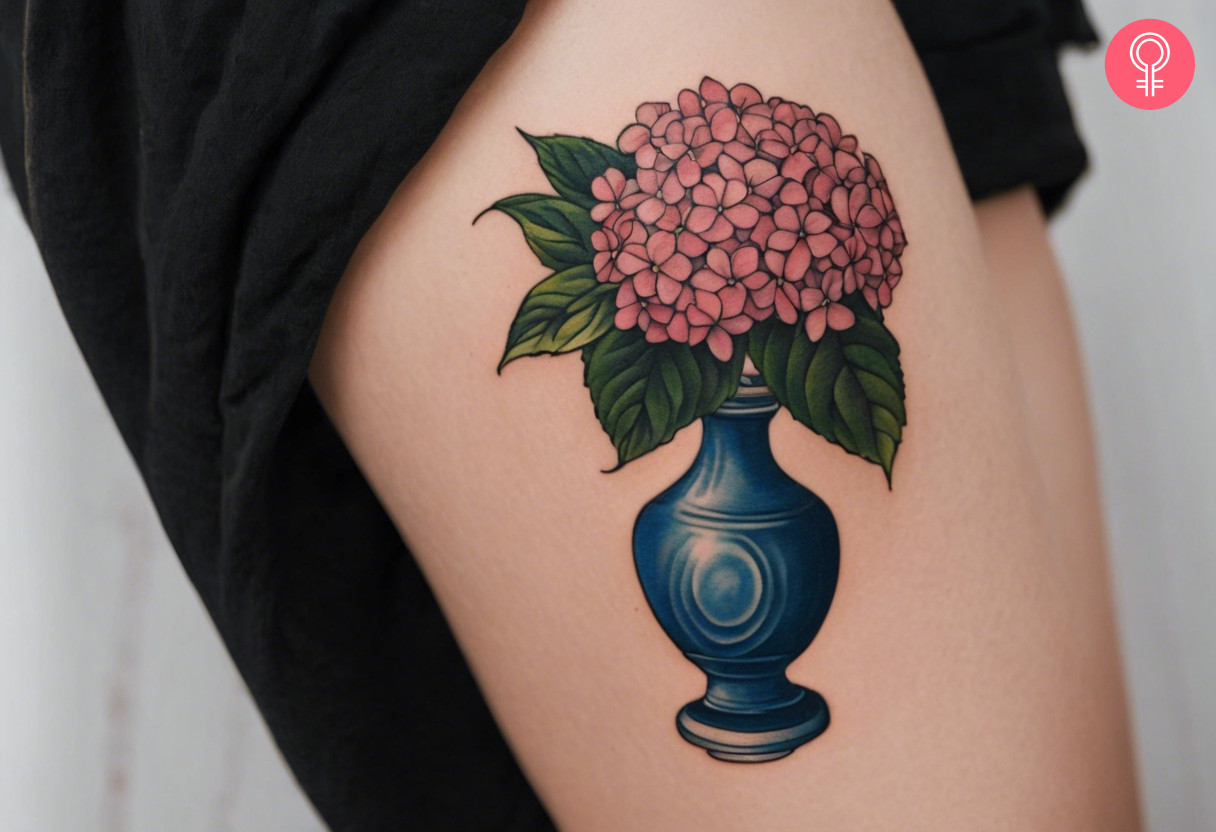 A traditional hydrangea tattoo on the thigh of a woman