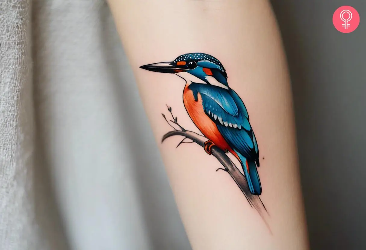 A traditional kingfisher tattoo on the forearm