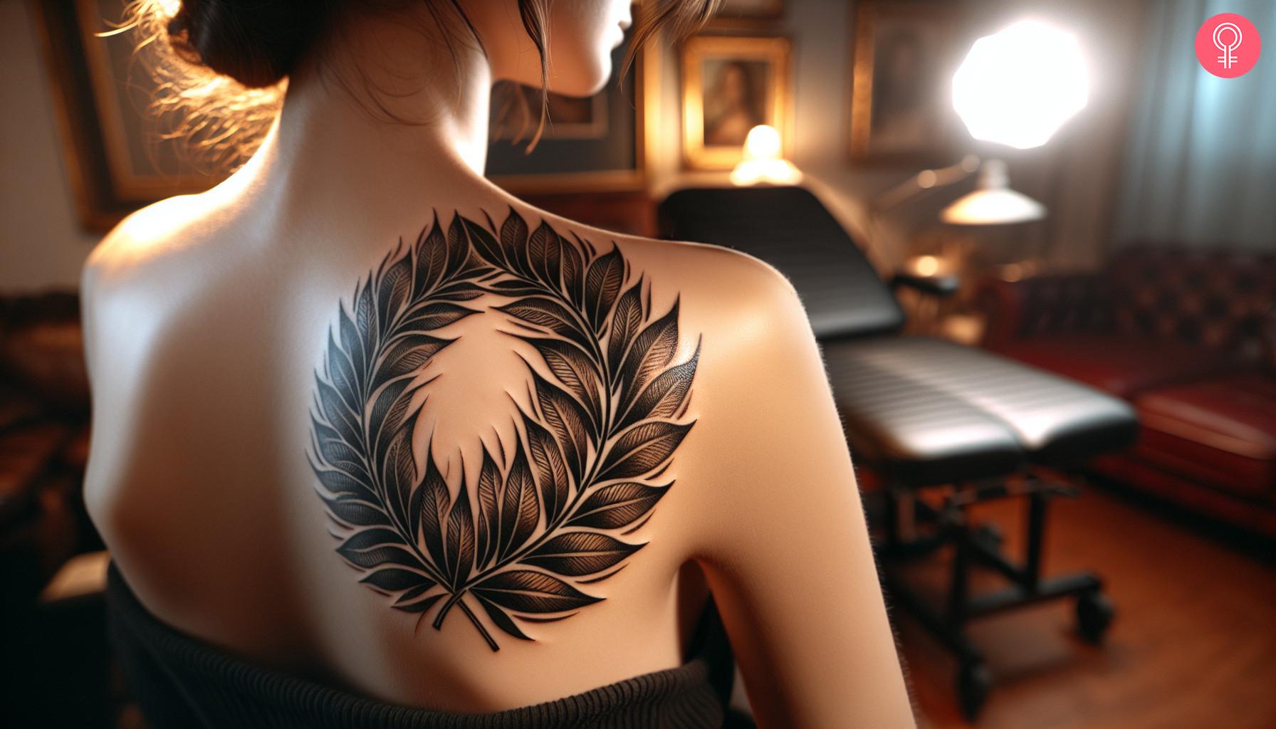 A traditional laurel wreath tattoo on a woman’s shoulder