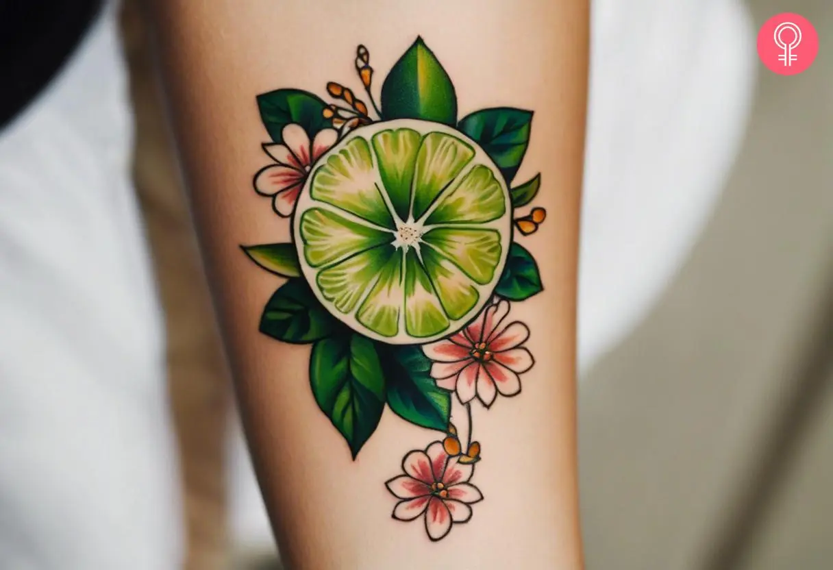 A traditional lime tattoo on a woman’s forearm