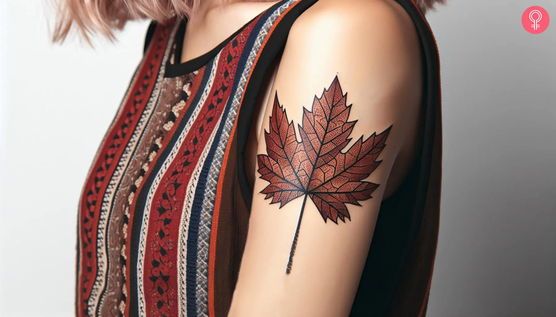 A traditional maple leaf tattoo on a woman’s upper arm