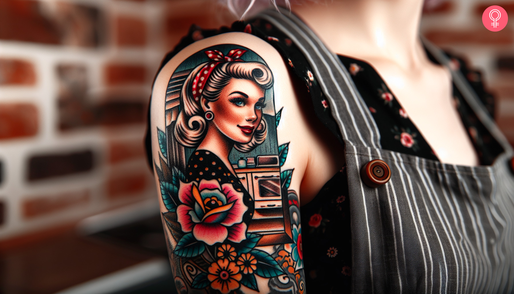 A traditional pin-up girl tattoo on a woman’s upper arm