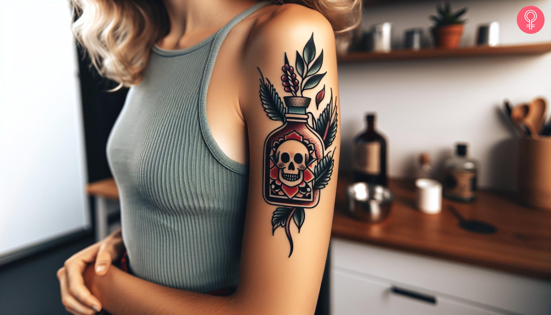 A traditional poison bottle tattoo on a woman's upper arm