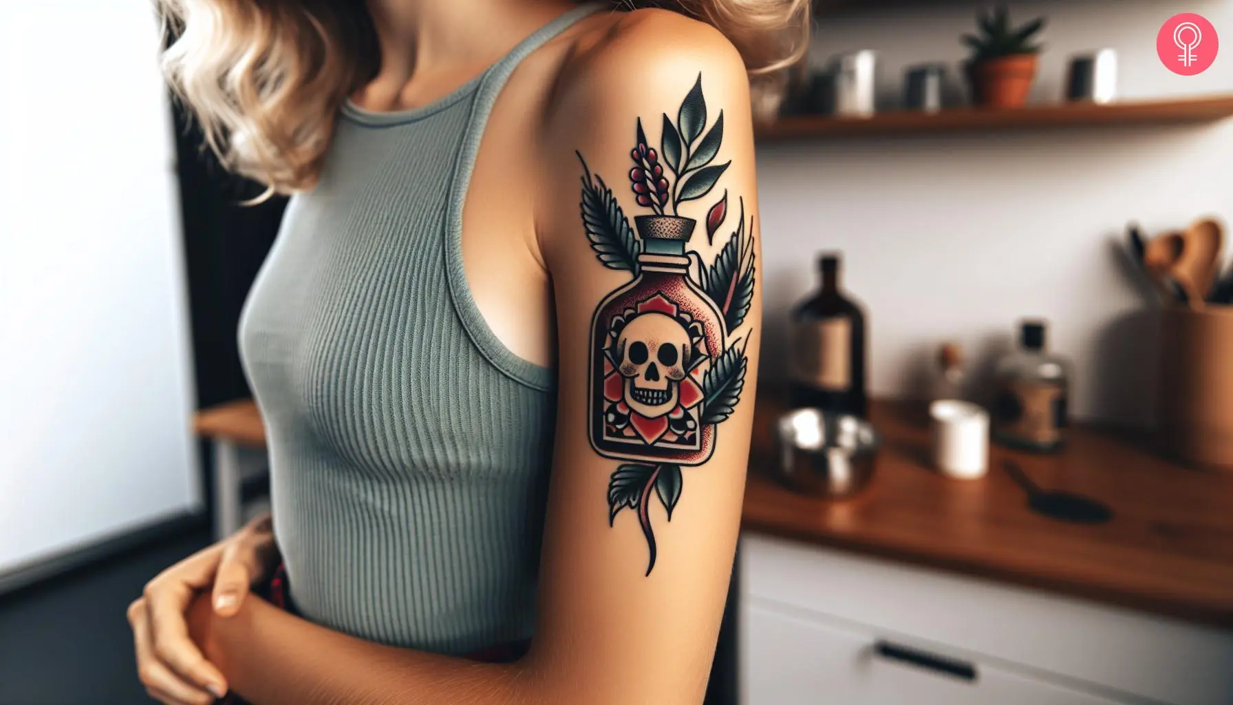 A traditional poison bottle tattoo on the upper arm of a woman