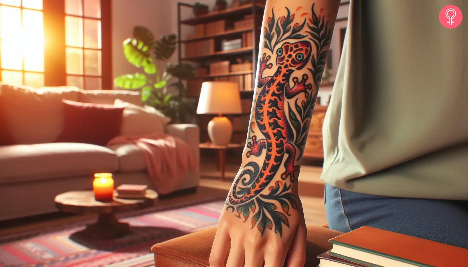 A traditional salamander tattoo on forearm of a woman