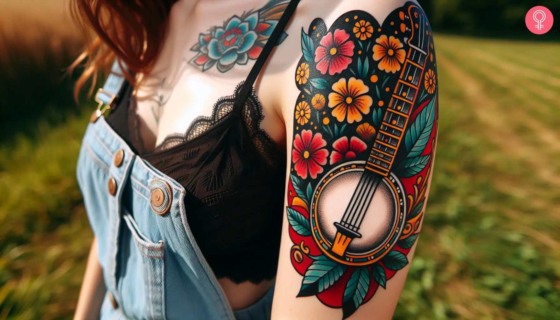 A traditional-style banjo tattoo surrounded by flowers on the upper arm