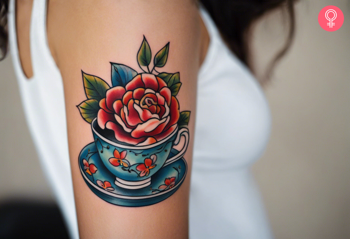 A traditional teacup tattoo on a woman’s upper arm