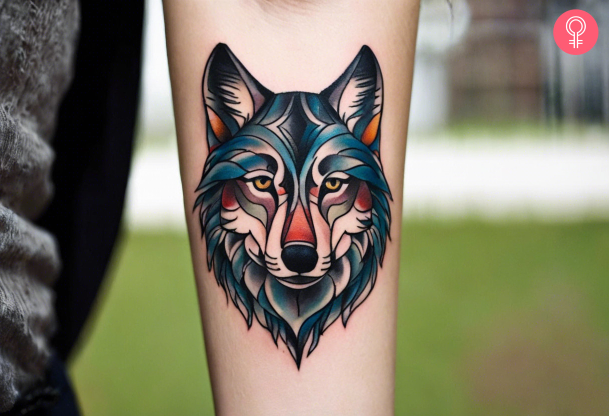 A traditional triumph wolf tattoo on the forearm of a woman