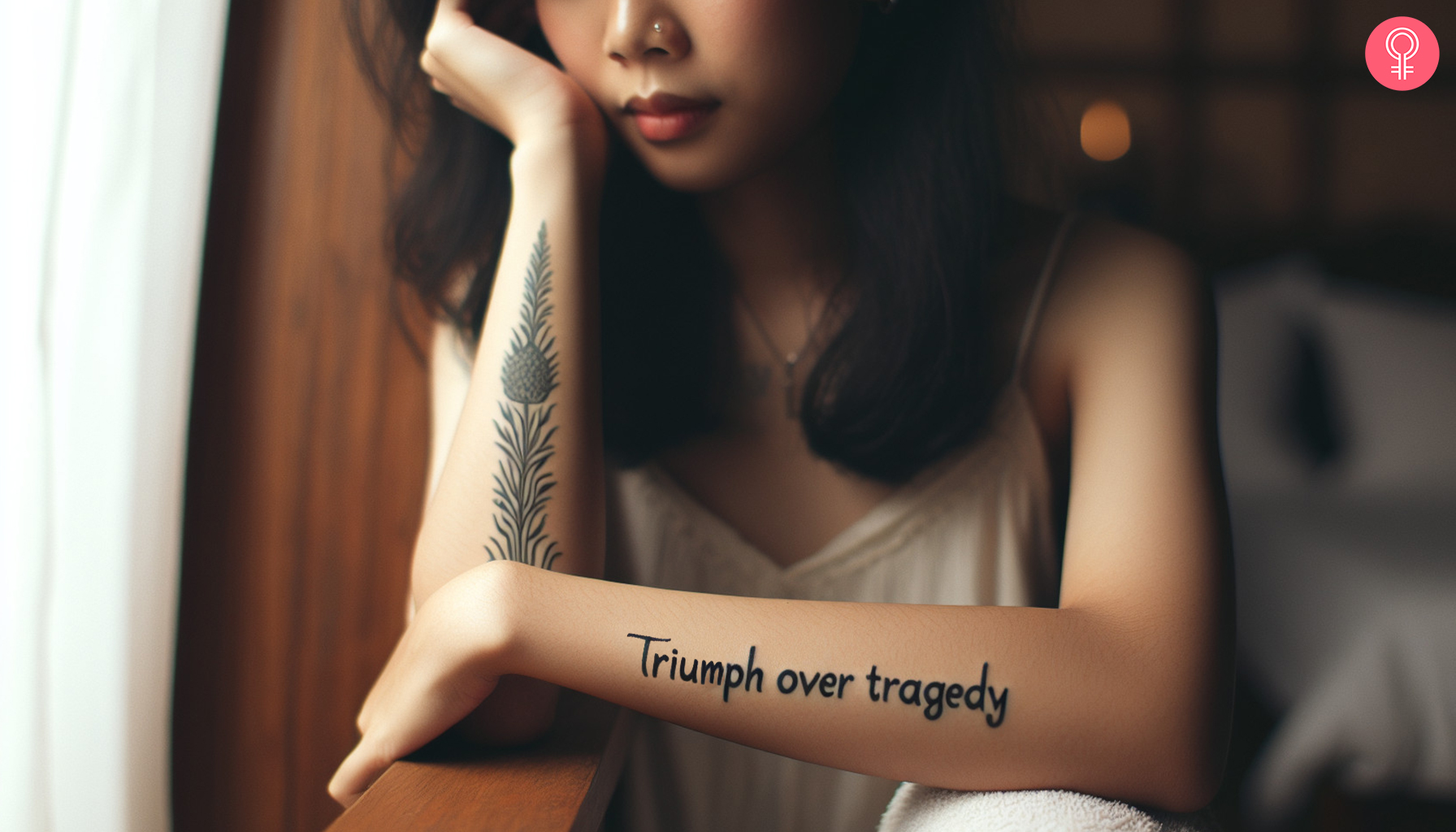 A tragedy to triumph tattoo on the forearm of a woman