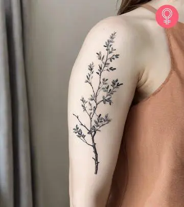 A woman with a colored bonsai tree tattoo on her upper arm