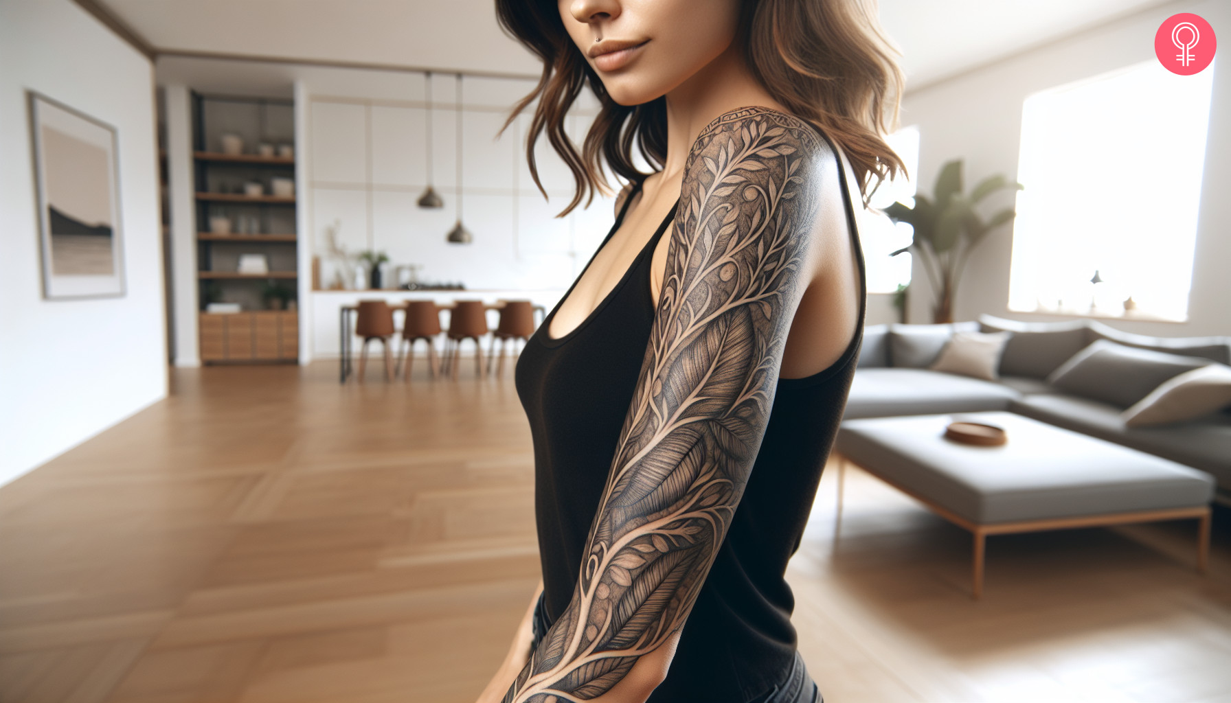 A tree branch tattoo sleeve on a woman