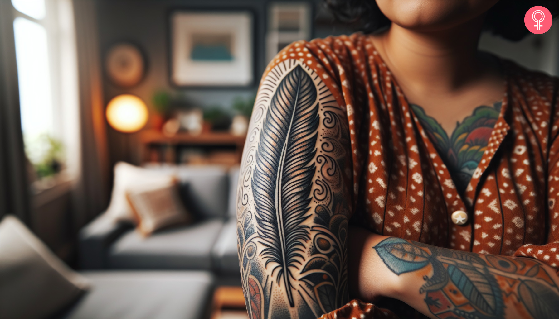 A tribal Native American feather tattoo with orange