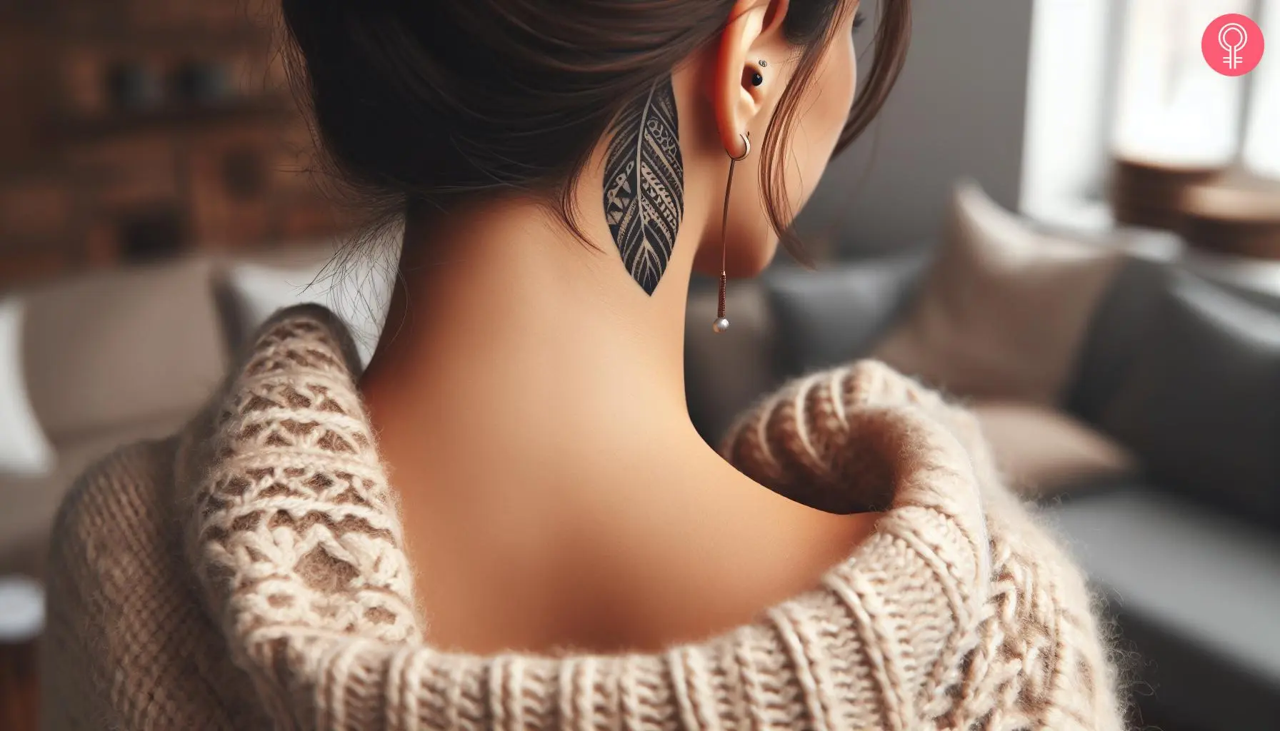 A tribal feather tattoo behind ear