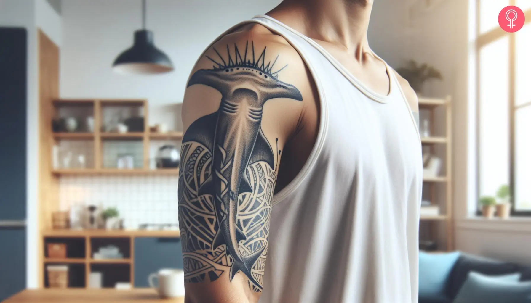 A tribal hammerhead shark tattoo on the upper arm