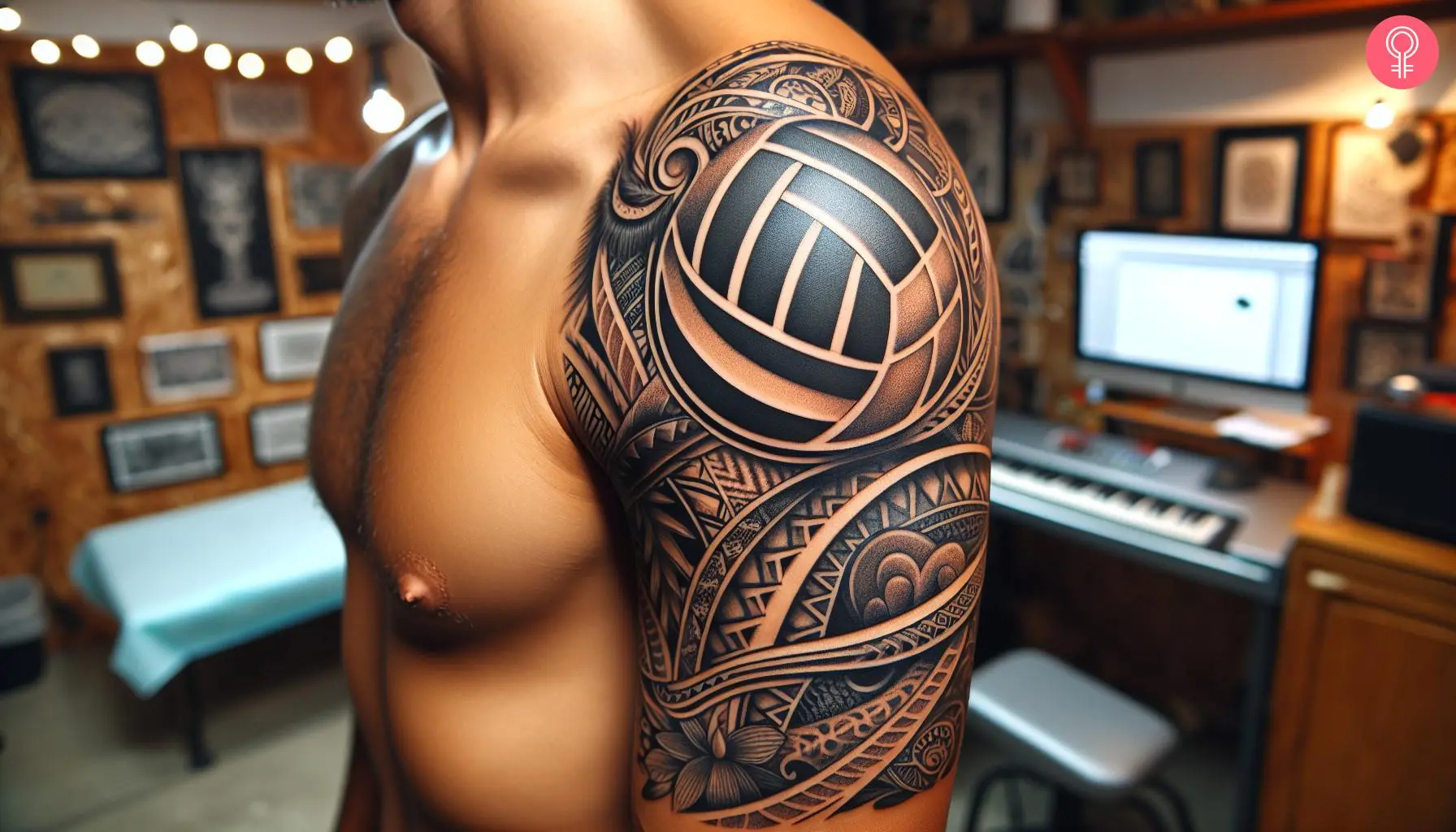 A tribal volleyball tattoo on the upper arm of a man