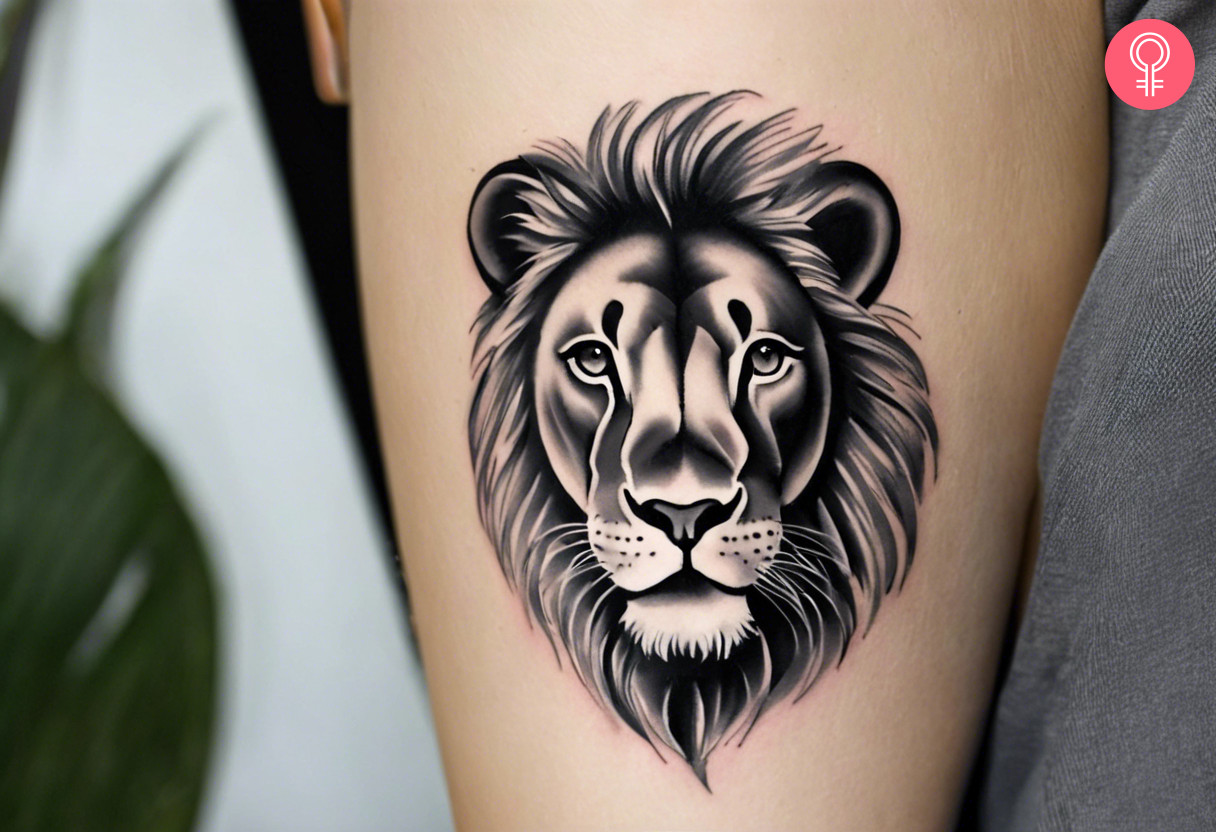 A triumph symbol tattoo of lion on the upper arm of a woman