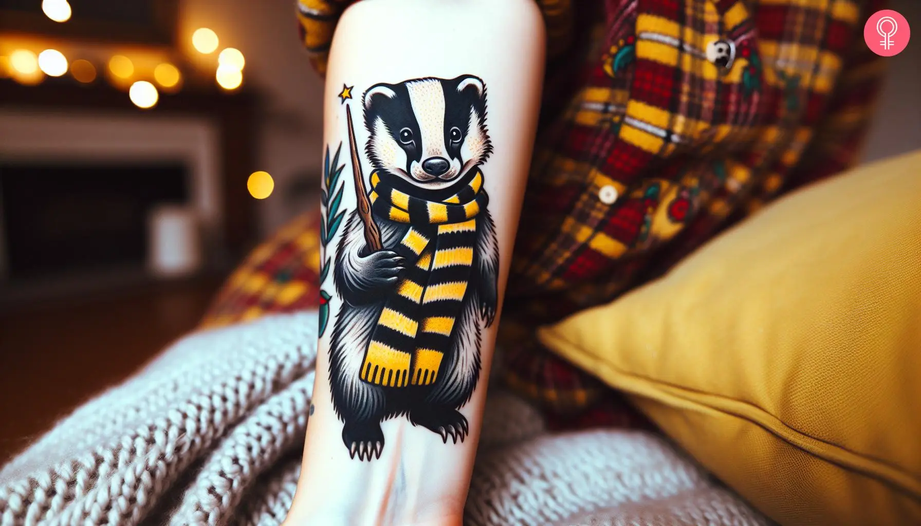 A unique Hufflepuff tattoo on the forearm of a woman