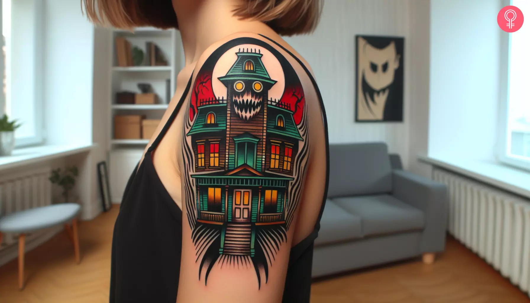 A vibrant traditional haunted house tattoo on the upper arm