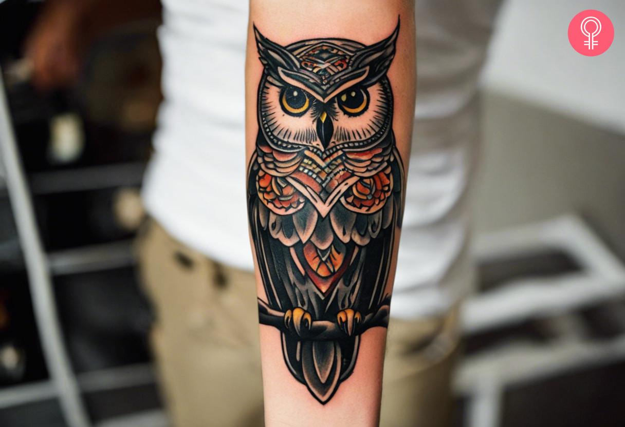 A vintage owl tattoo on the forearm